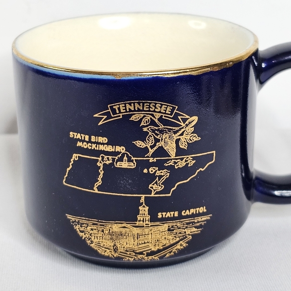 Tennessee Coffee Mug Cup Blue & Gold Trim State Capital Map Mockingbird Expresso - Picture 2 of 7